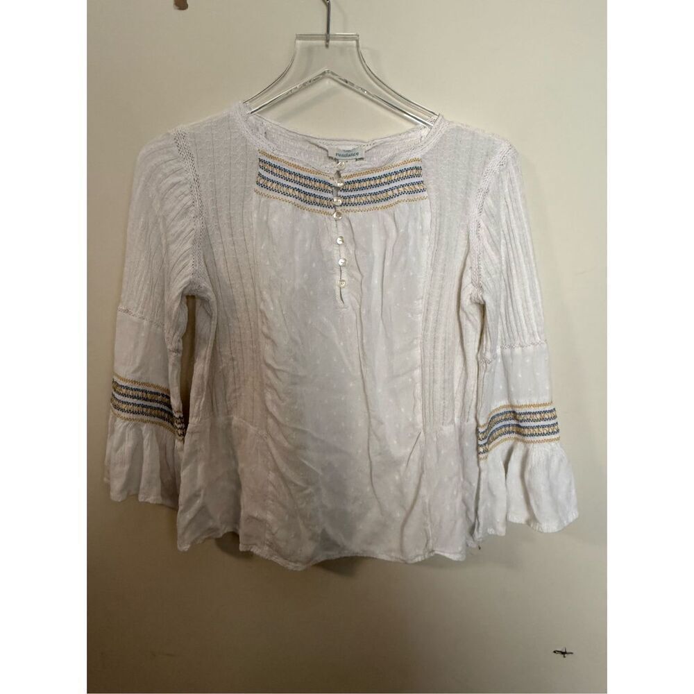 Sundance linen blend boho white blouse bell sleeves embroidery Size Small